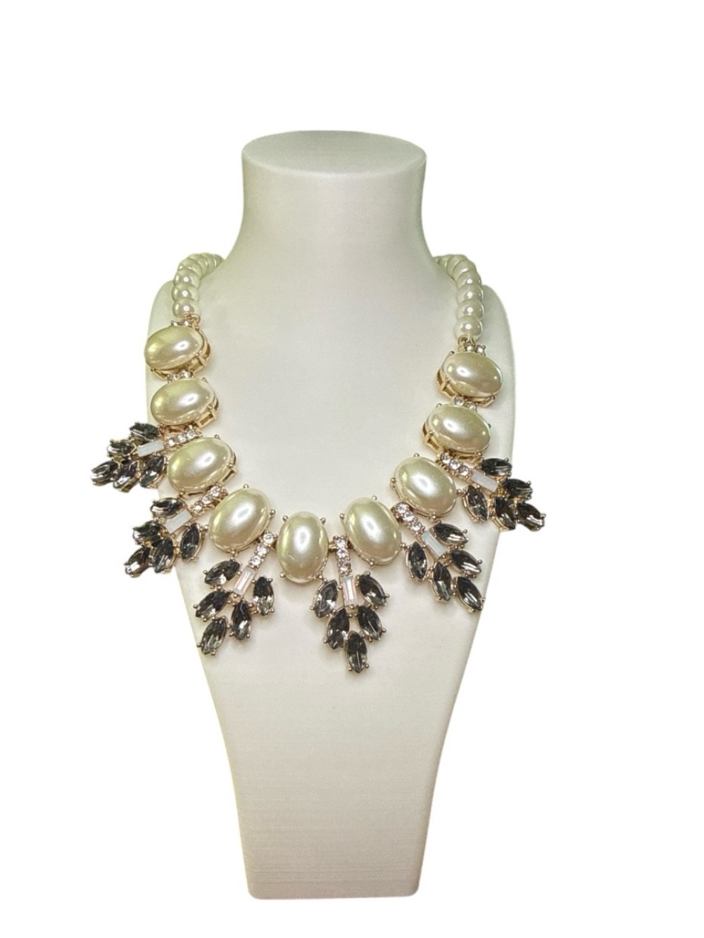 Talbots Gold Bib Necklace Faux Pearl Gray Rhinestone Statement Classic Elegant